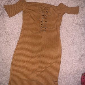 Camel off the shoulder dress